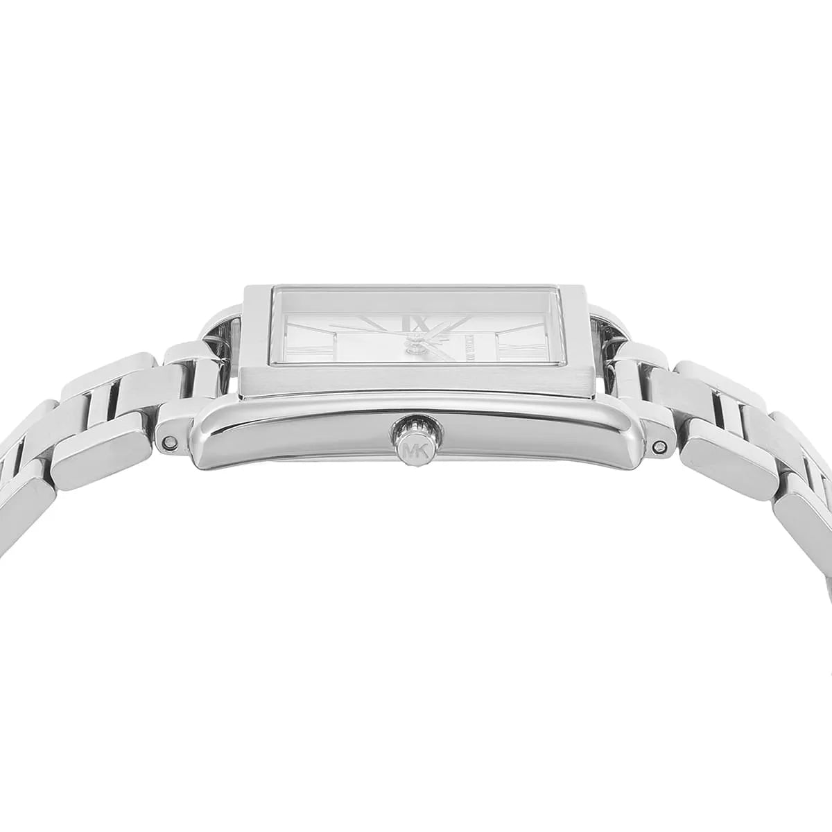 Michael Kors Essex angled view of rectangular case with stainless steel strap