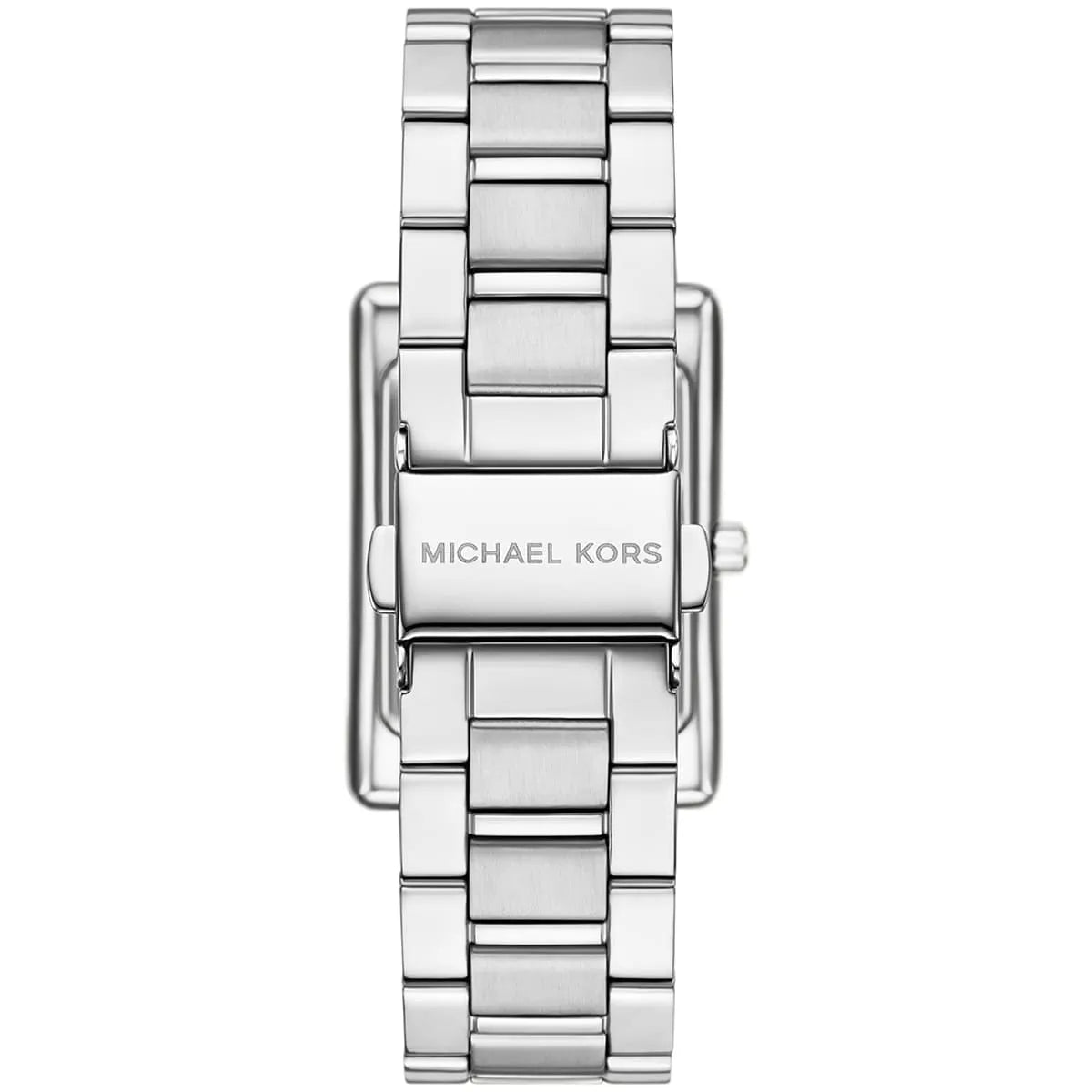 Michael Kors Essex caseback showing stainless steel with Michael Kors branding