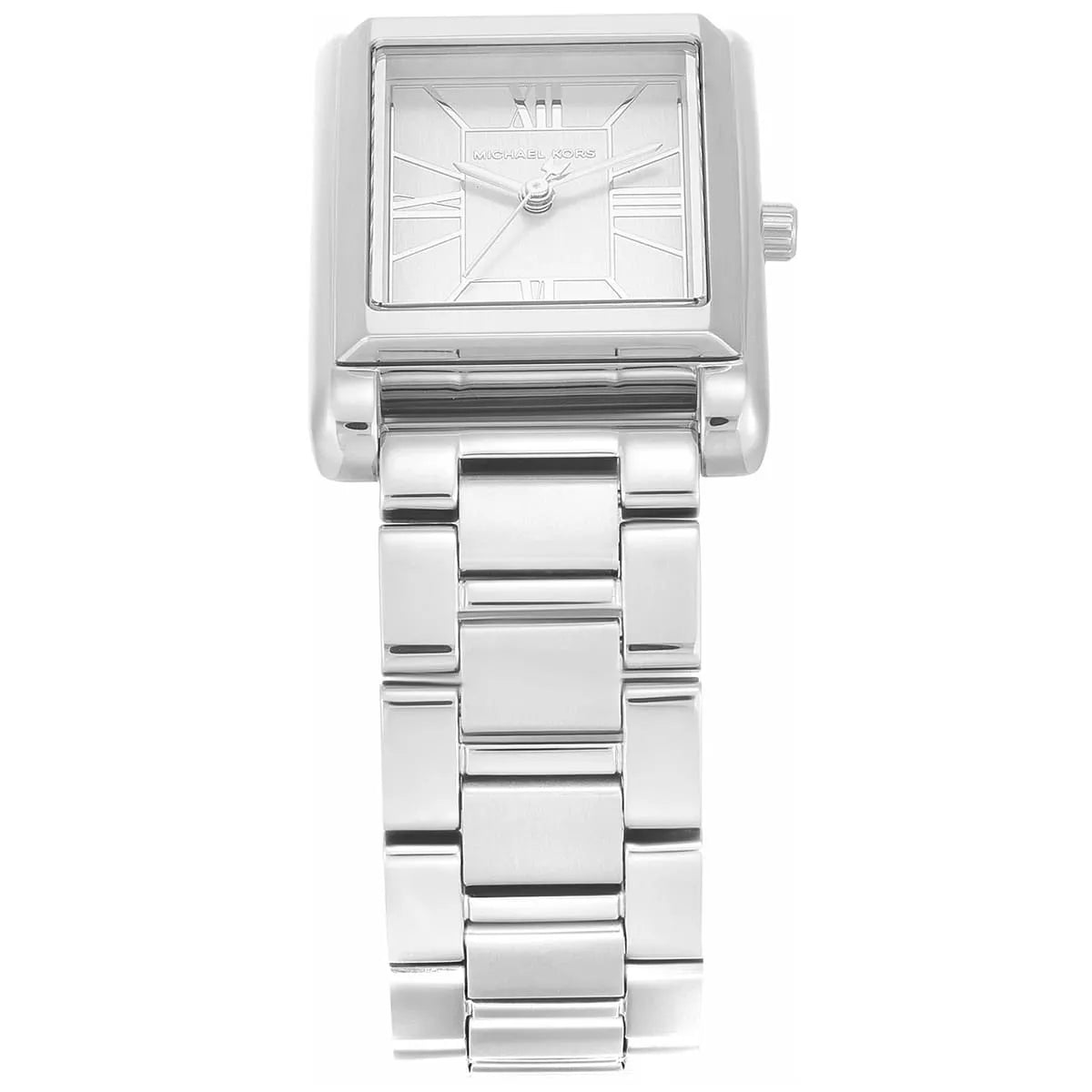 Michael Kors Essex rectangular watch with silver dial and stainless steel band