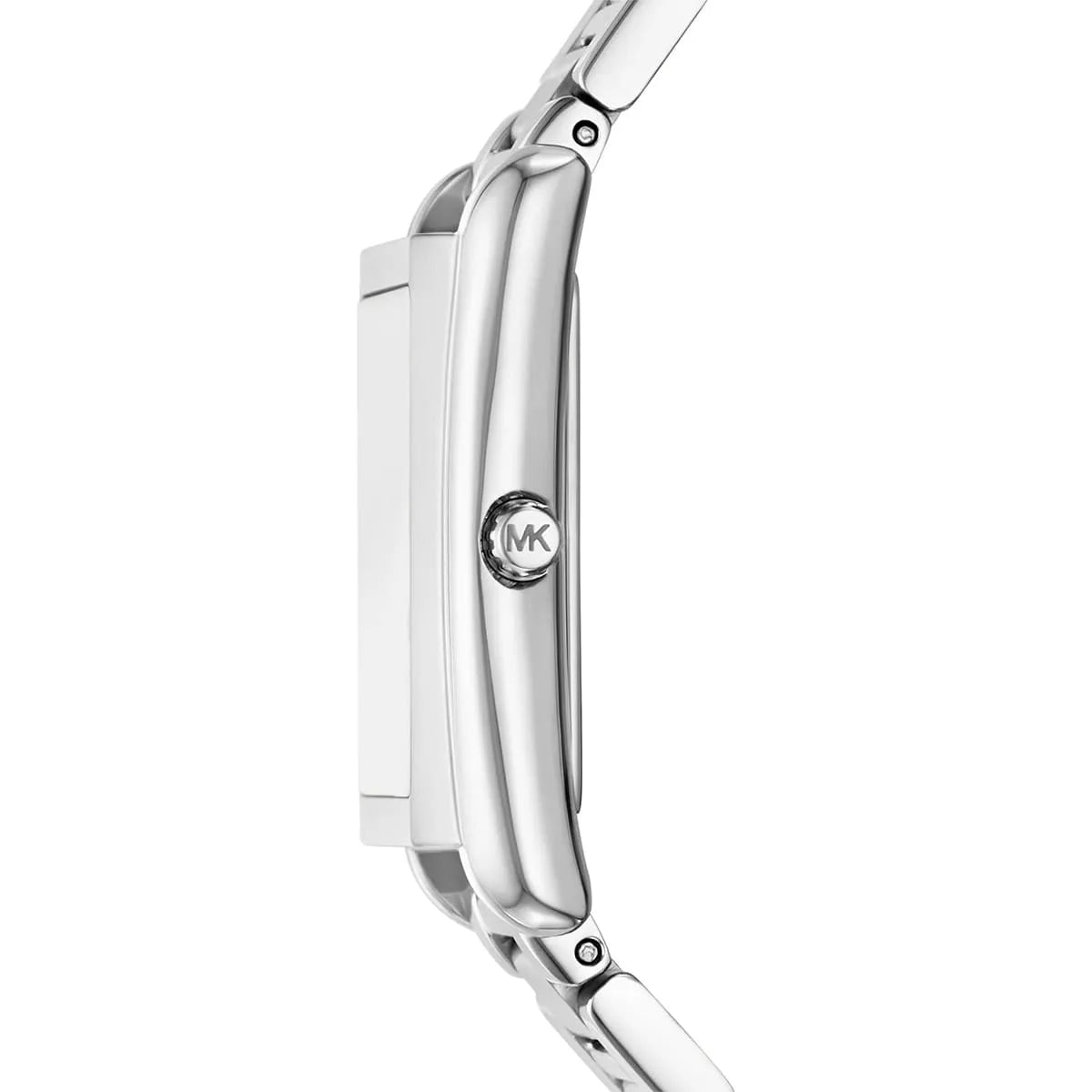 Michael Kors Essex side view showing case profile and MK logo detail