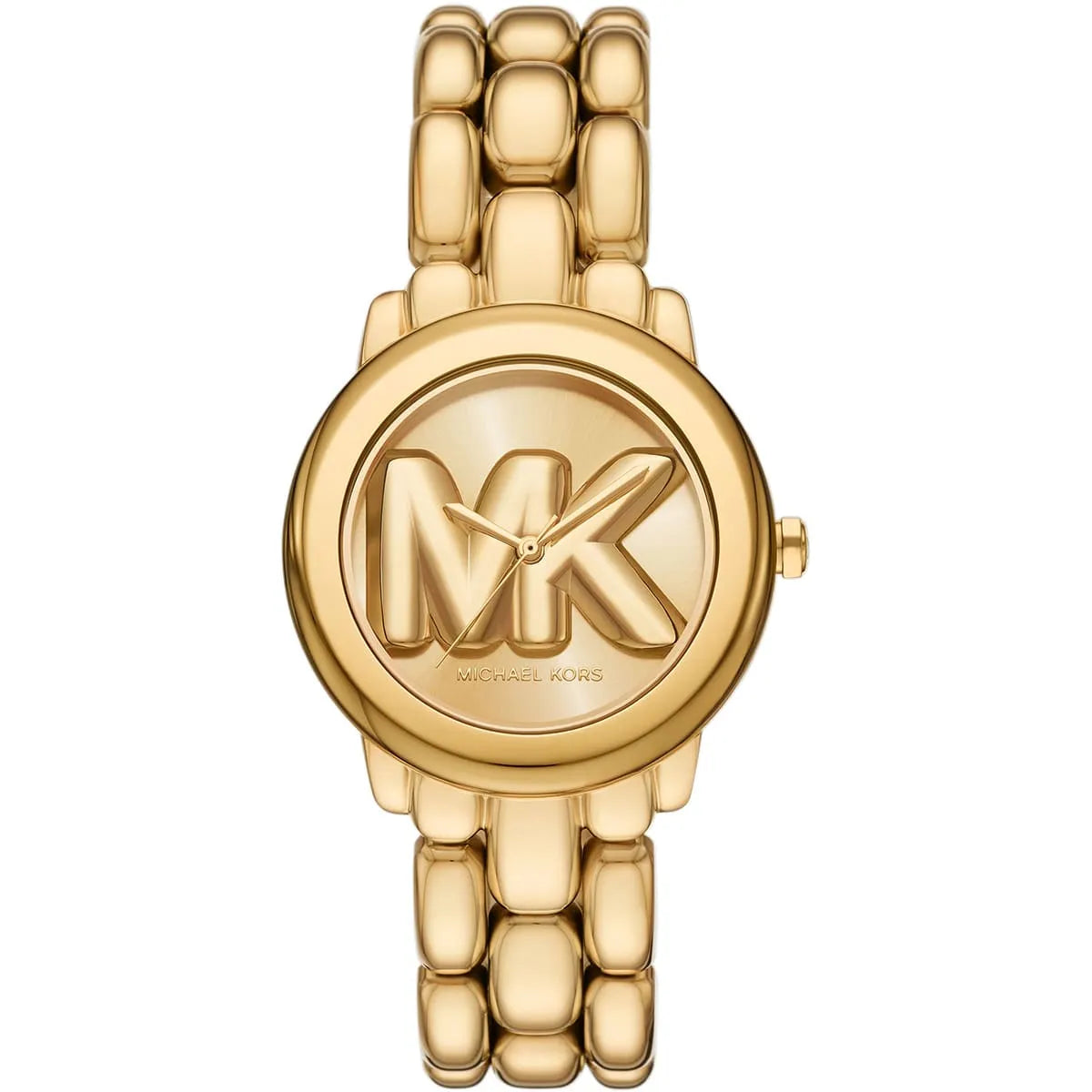 Michael Kors Phoebe women's watch with gold-tone dial featuring MK logo and gold-tone link bracelet strap