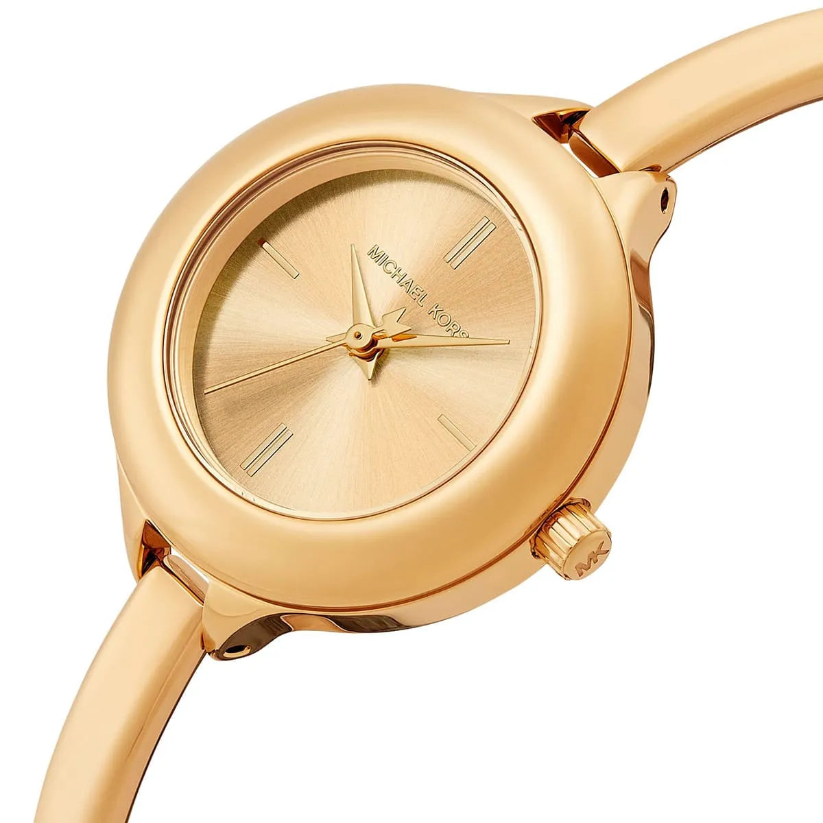 Close-up detail of Michael Kors Izzy gold dial with three-hand analog display and markers