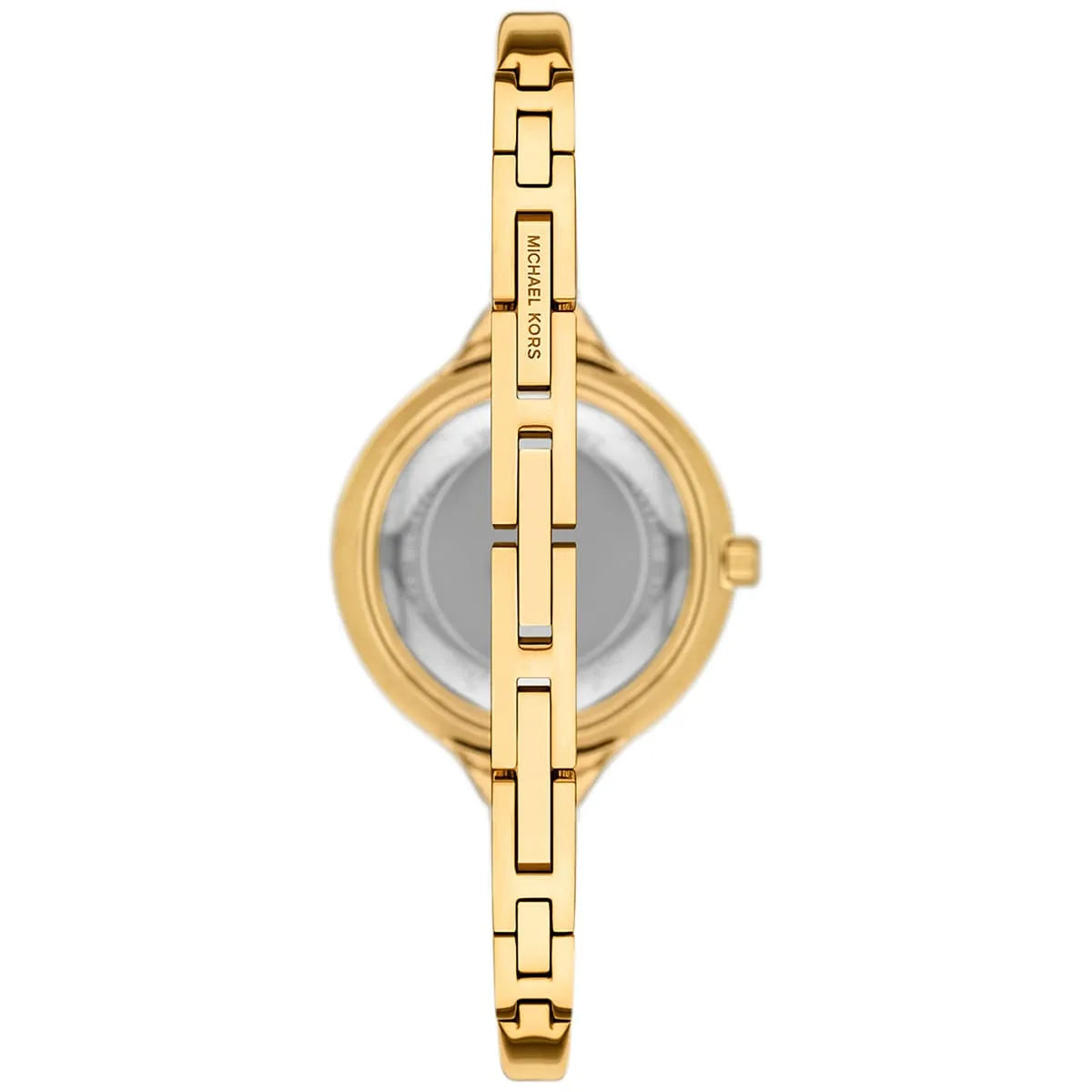 Case back view of Michael Kors Izzy MK4929 watch showing stainless steel with engraved markings