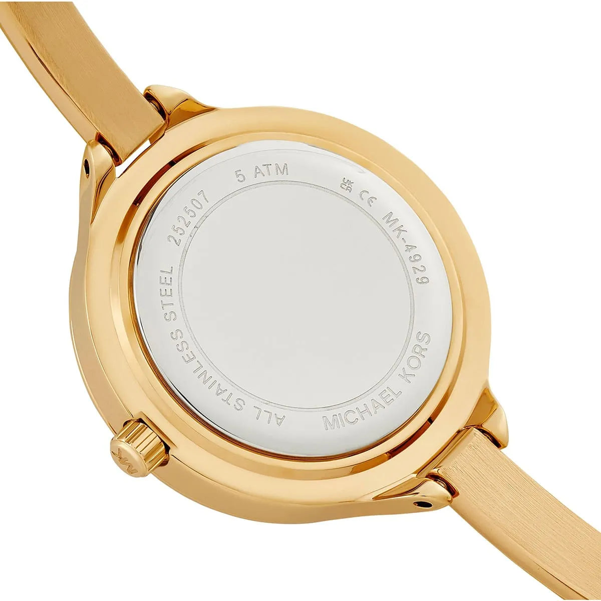 Michael Kors Izzy watch detail showing dial, markers, and gold-tone case with bracelet
