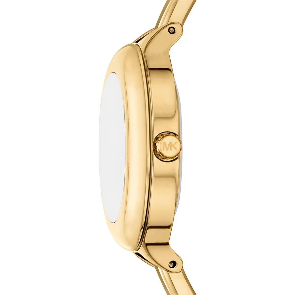 Side profile of Michael Kors Izzy watch showing gold-tone stainless steel case and strap