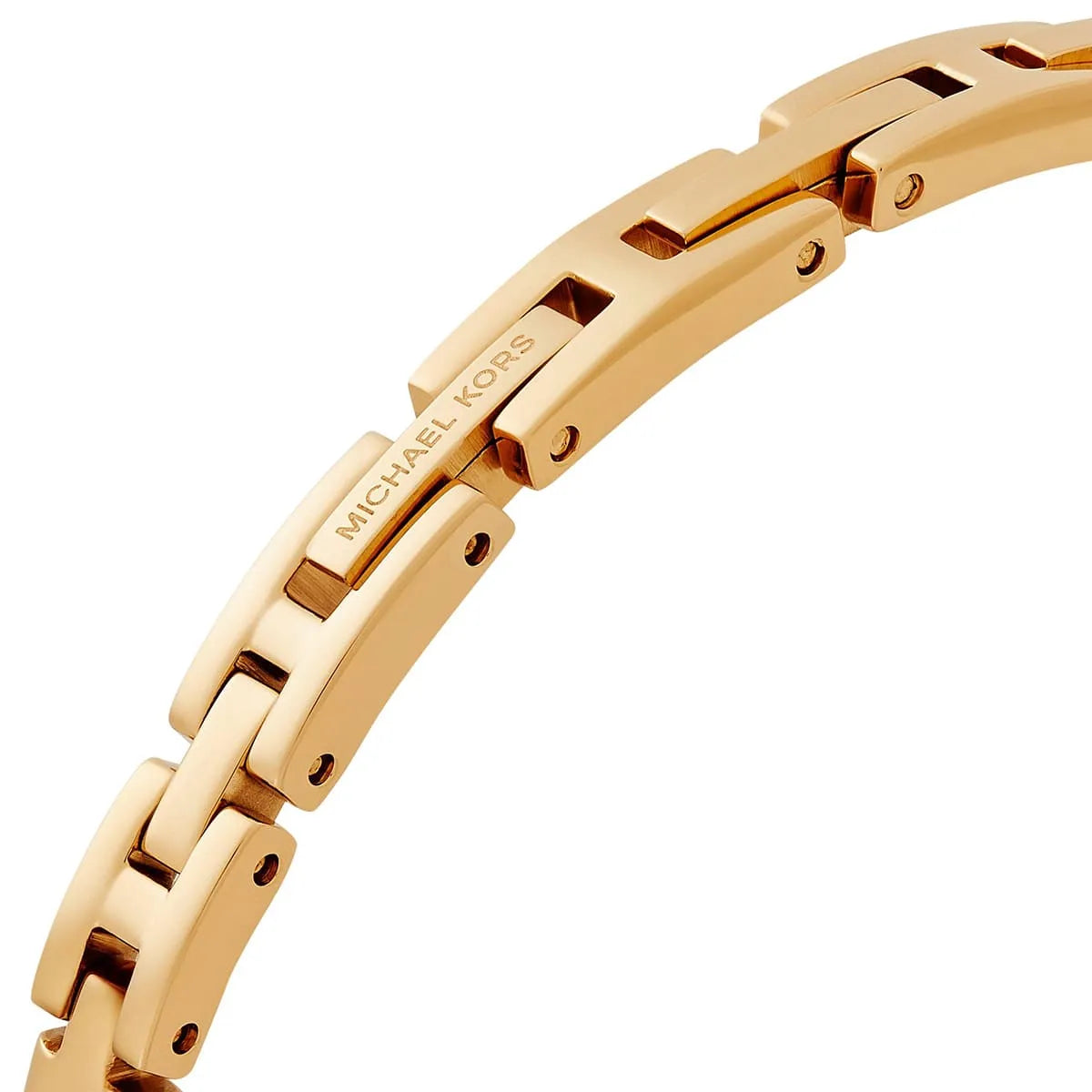 Close-up of Michael Kors Izzy gold-tone stainless steel bracelet strap with secure clasp