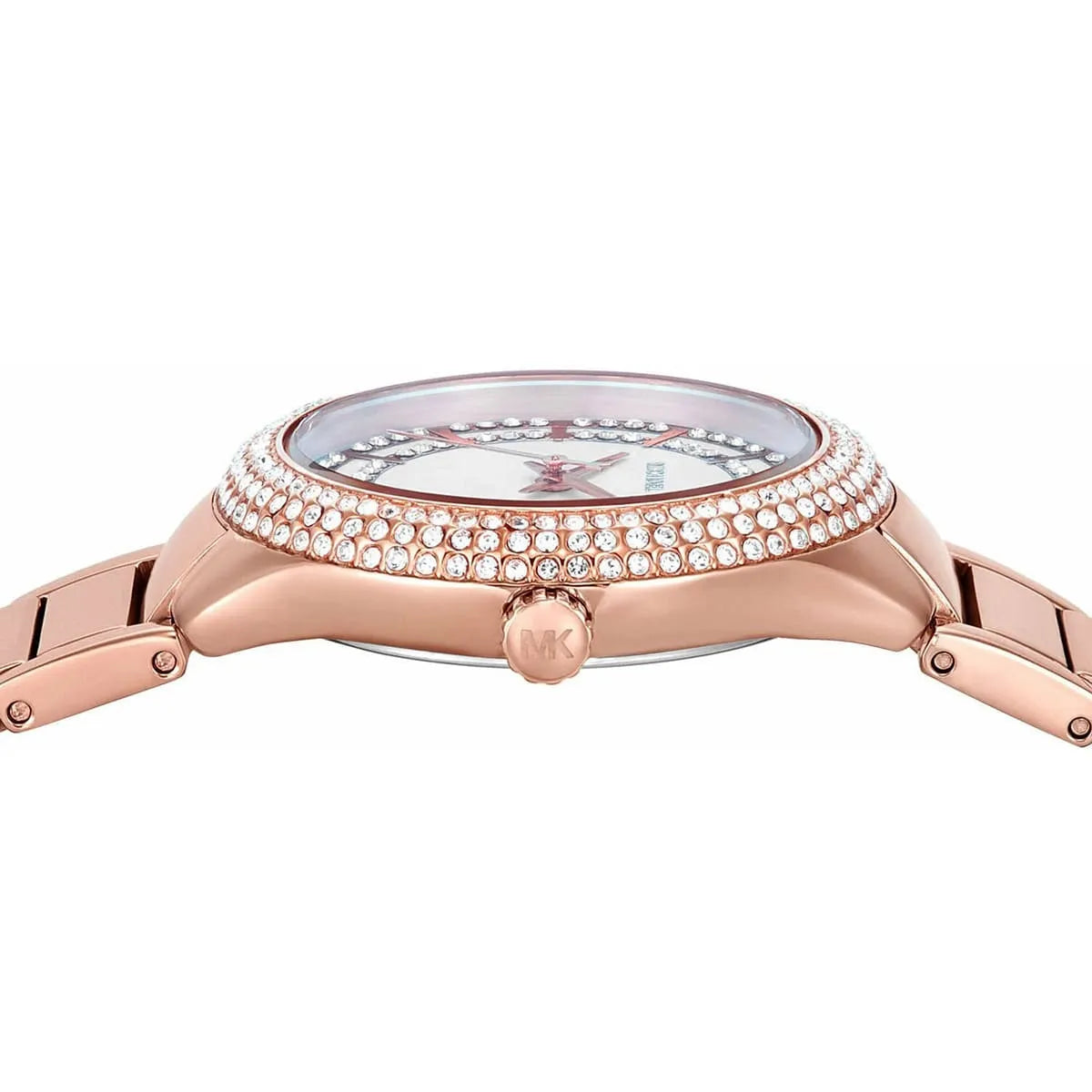Detailed overhead view of Michael Kors Sylvia dial and crystal-set bezel on rose gold case
