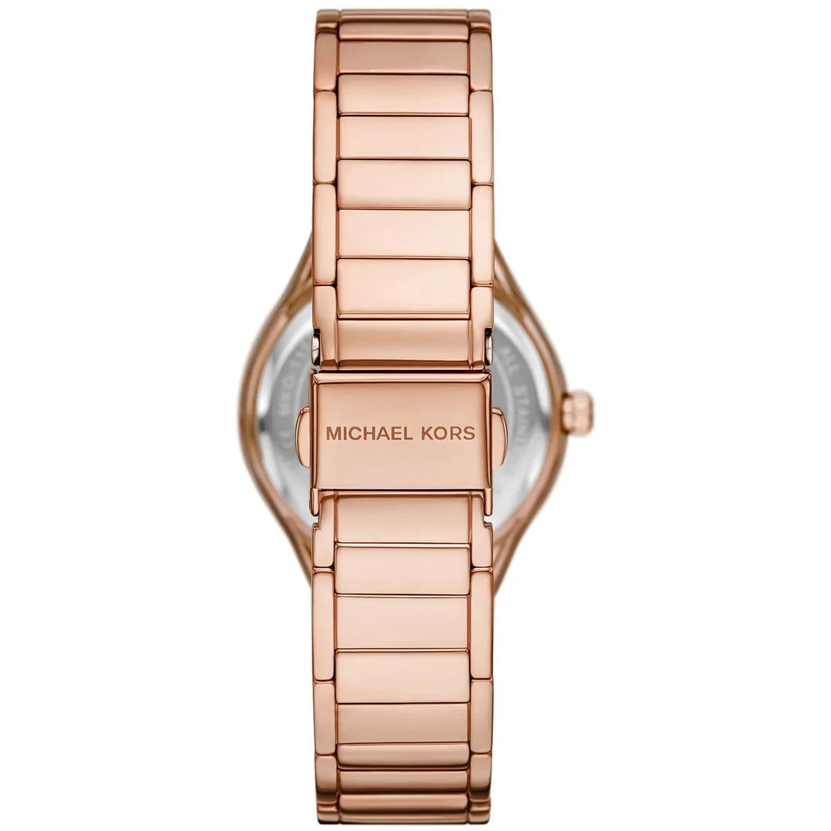 Michael Kors Sylvia rose gold watch case back showing engraved branding and stainless steel backing