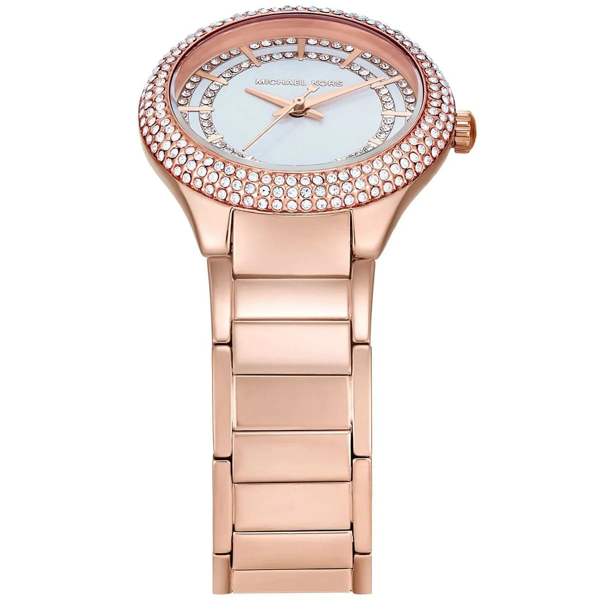 Close-up front view of Michael Kors Sylvia white dial with crystal bezel and rose gold case