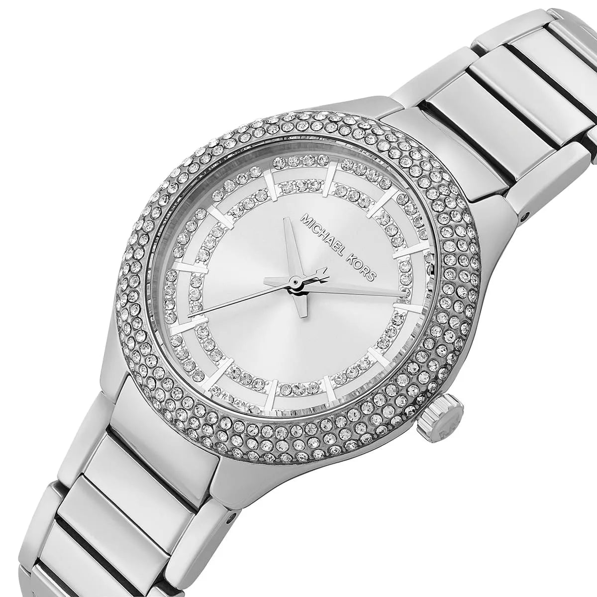Angled view of MK4943 Sylvia with crystal-adorned bezel and white dial