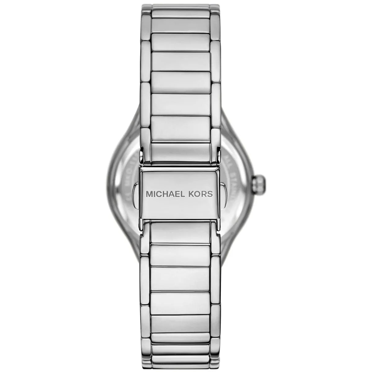 Caseback view of MK4943 showing stainless steel bracelet and case profile