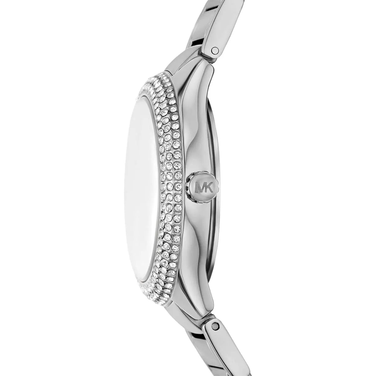Side profile of Michael Kors Sylvia watch showing crystal-set case and bracelet