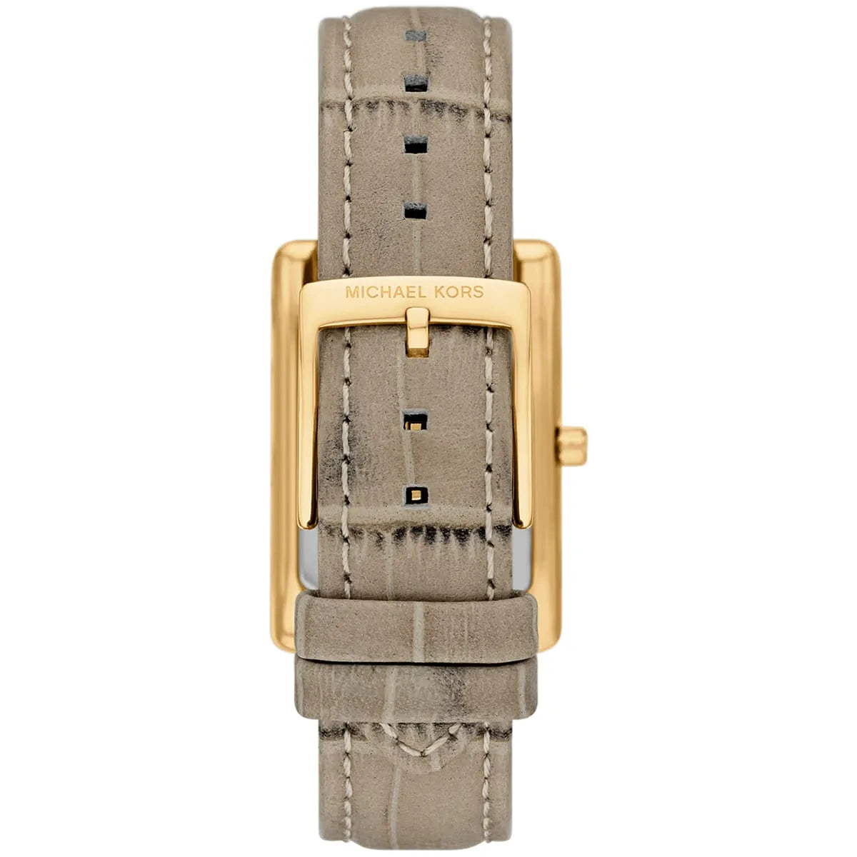Michael Kors Essex watch side view showing gold case and taupe leather strap detail
