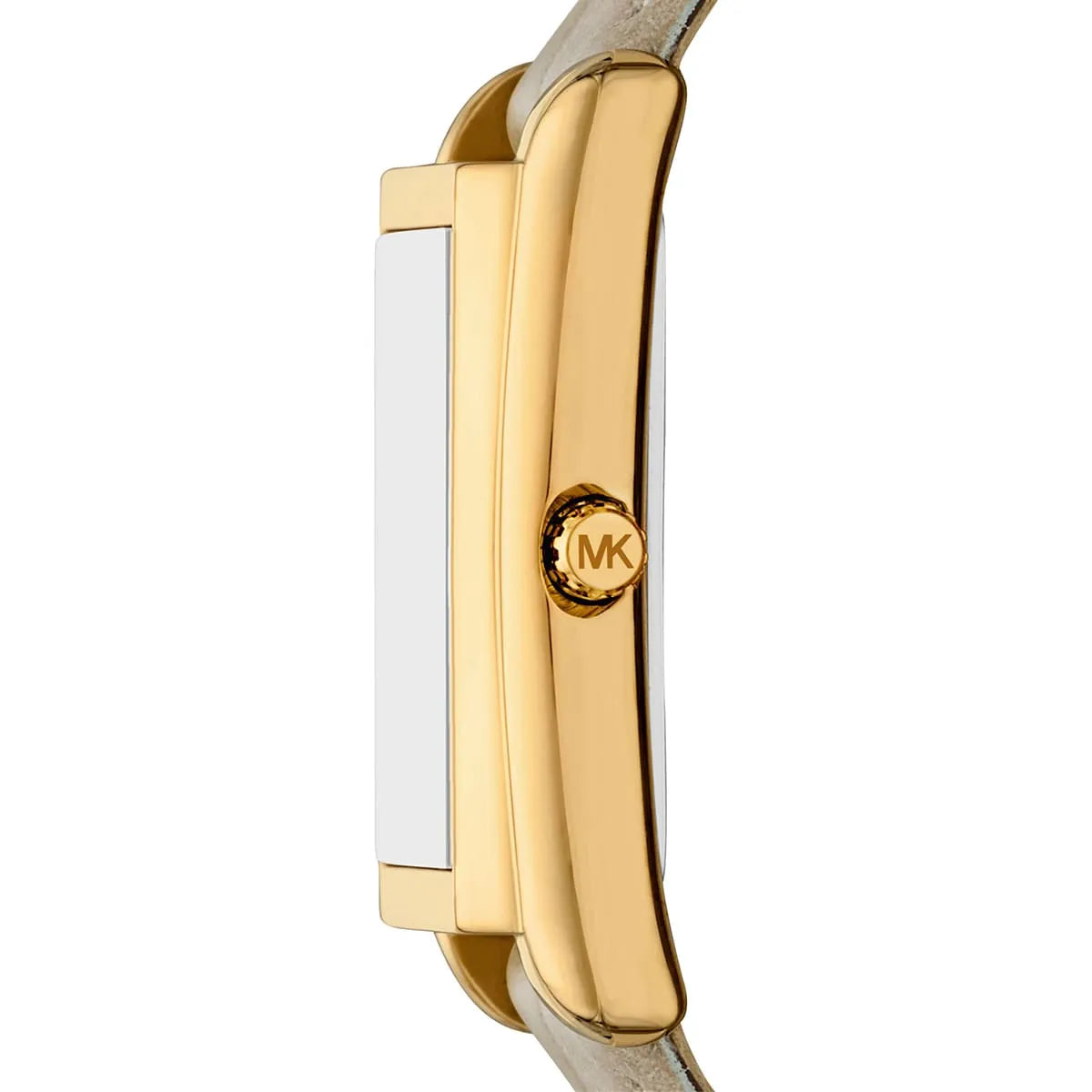 Michael Kors Essex watch side profile with gold case and MK logo detail