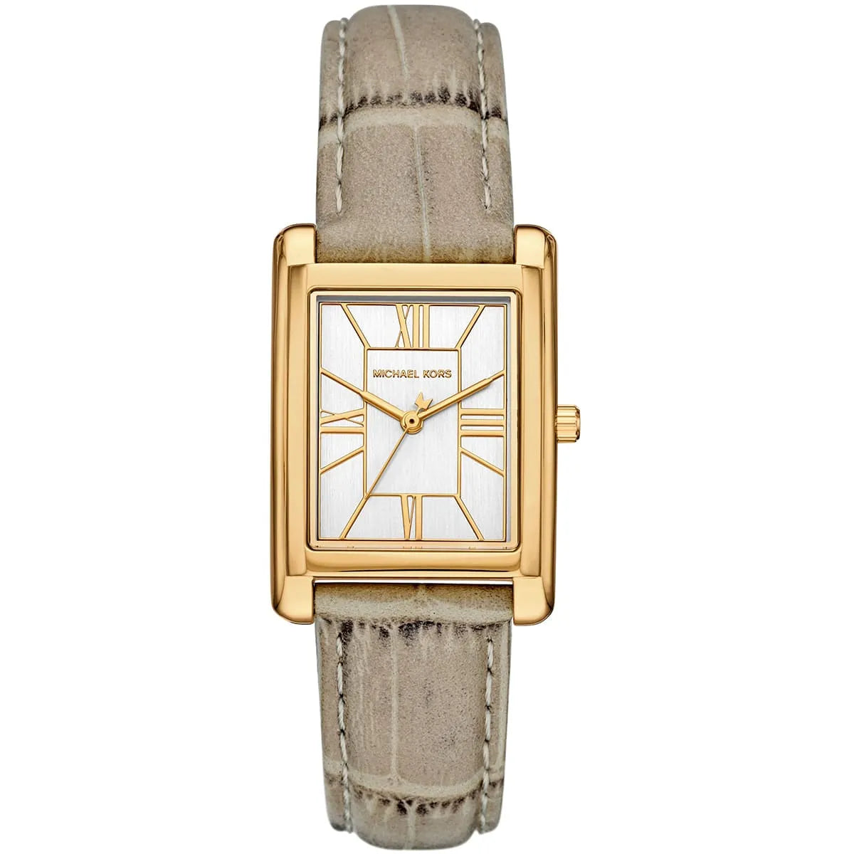 Michael Kors Essex gold women's watch with white dial and taupe leather strap