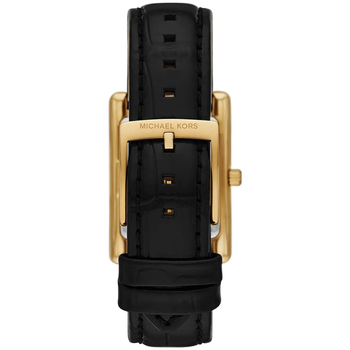 Essex watch back showing gold case with Michael Kors brand name and black leather strap
