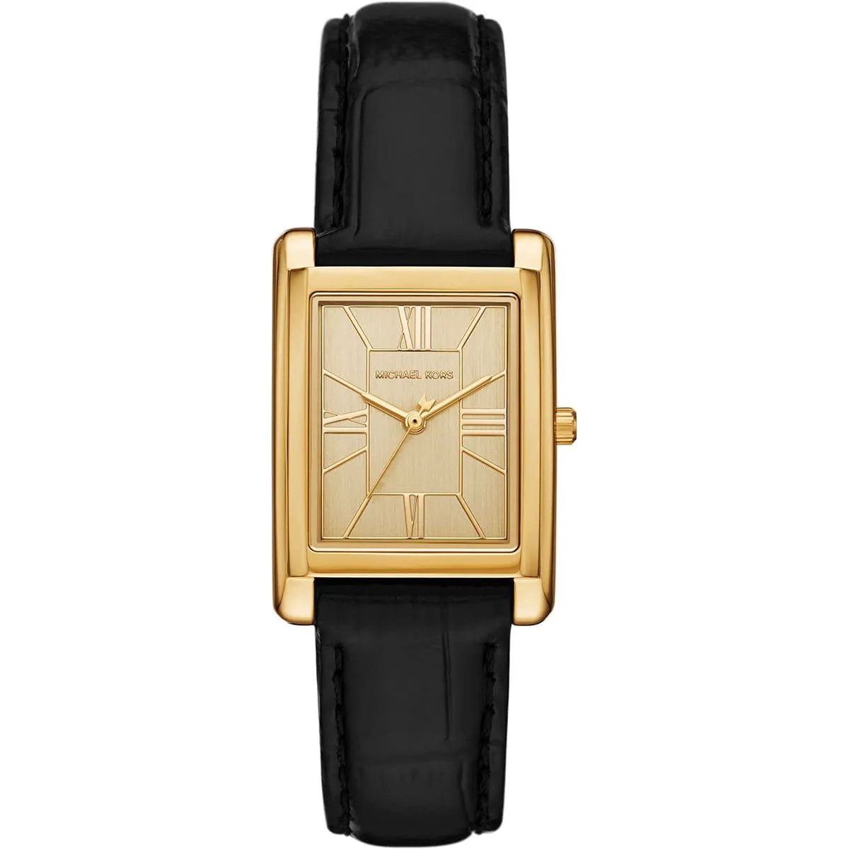 Essex women's watch with gold square dial, Roman numerals, and black leather strap