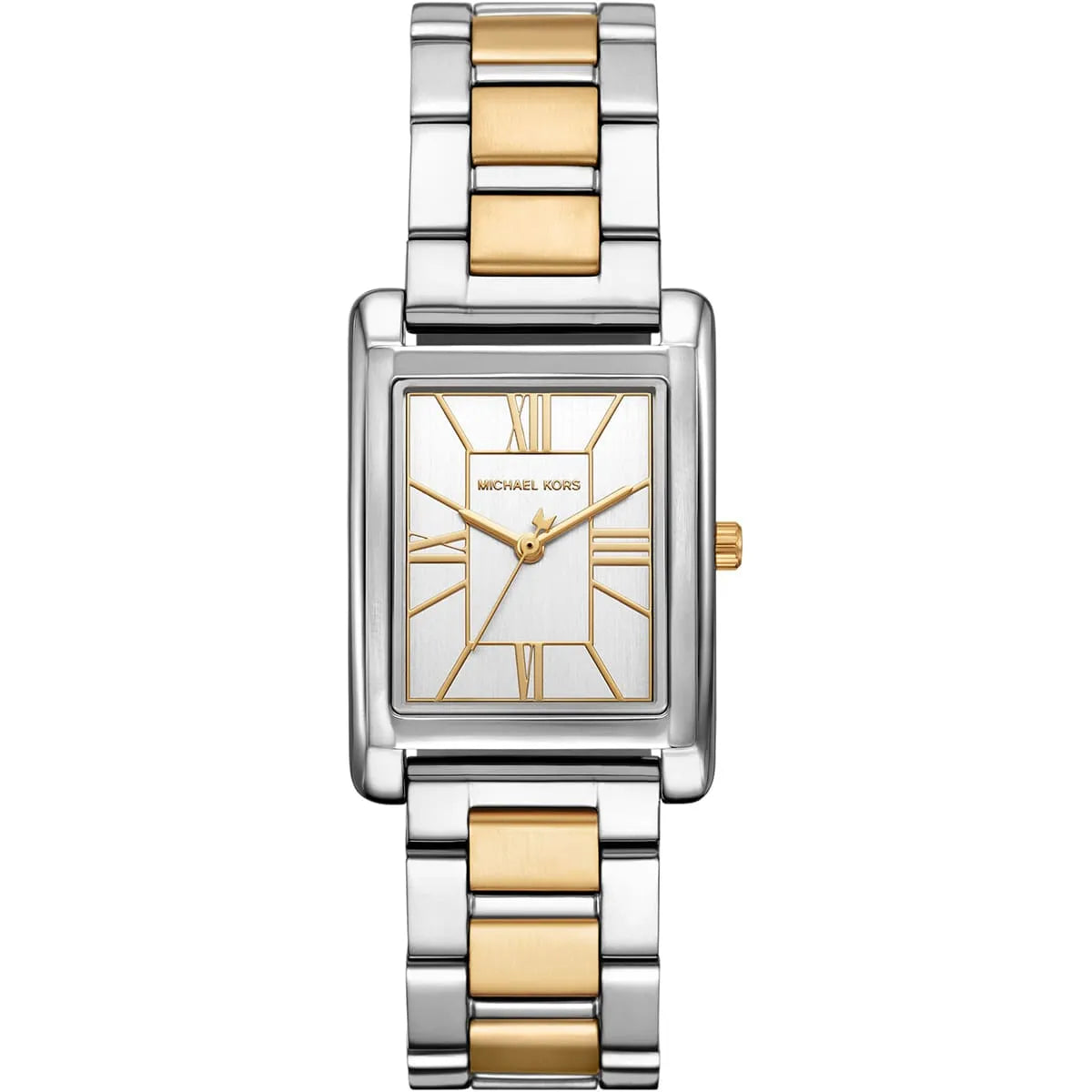 Michael Kors Essex two-tone women's watch with white rectangular dial and gold and silver stainless steel bracelet