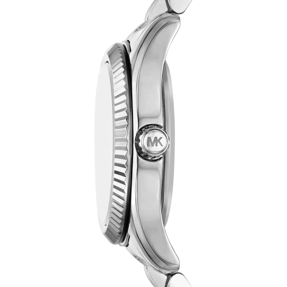 Michael Kors Lexington MK4968 side profile showing silver stainless steel case and bracelet
