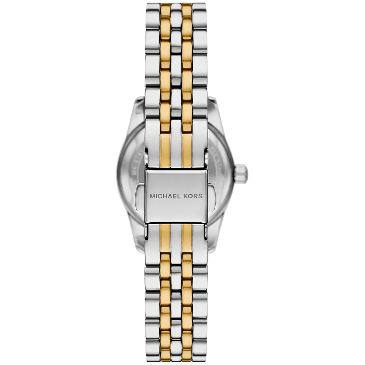 Michael Kors MK4986 caseback showing two-tone silver and gold stainless steel bracelet with brand name
