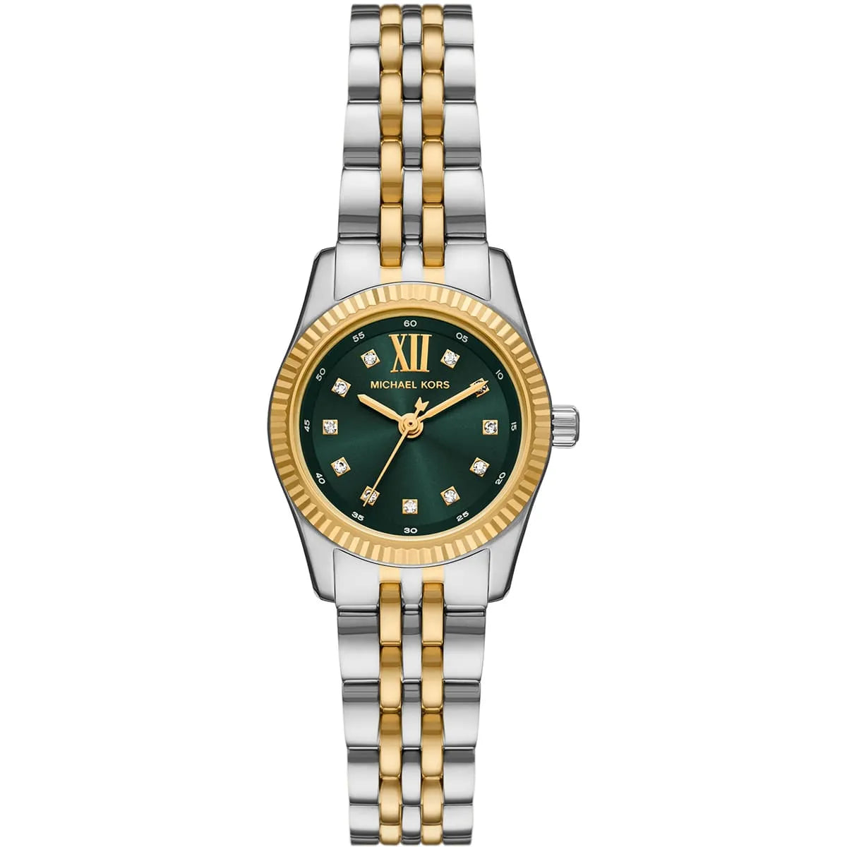 Michael Kors MK4986 women's watch with green dial, two-tone silver and gold bracelet, Roman numerals, and diamond indices