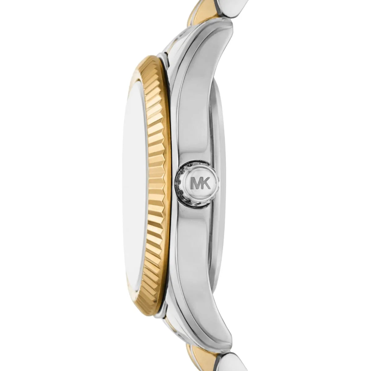 Michael Kors MK4986 side view showing gold-plated bezel, stainless steel case, and two-tone bracelet