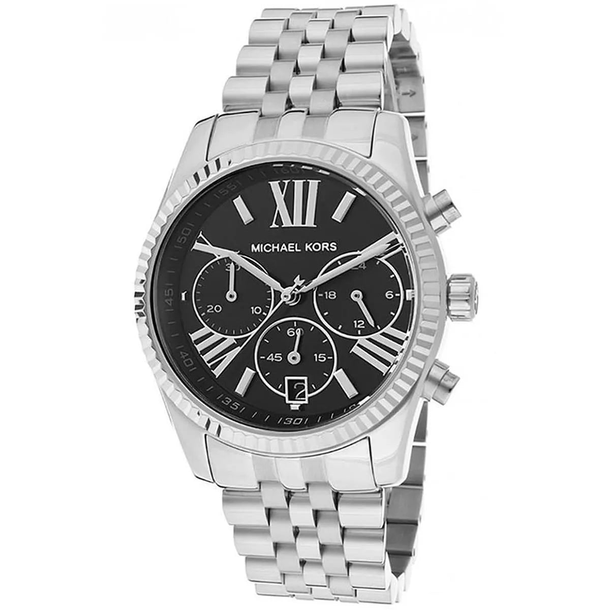 Michael Kors MK5708 angled view showing black dial with Roman numerals and chronograph subdials