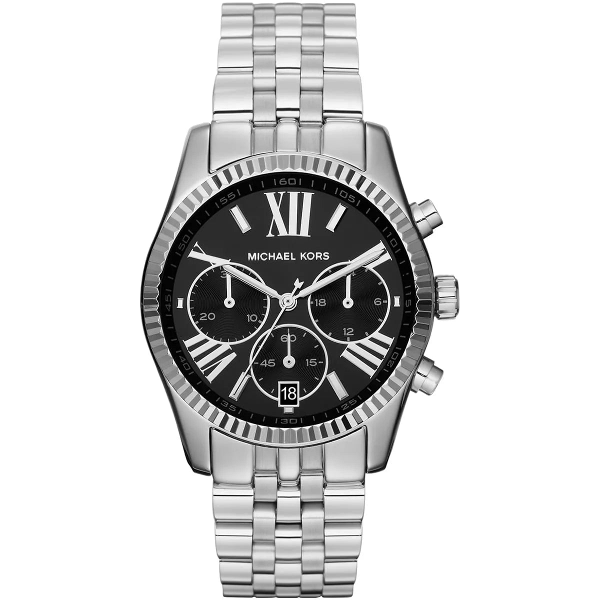Michael Kors MK5708 chronograph watch with black dial and silver stainless steel bracelet