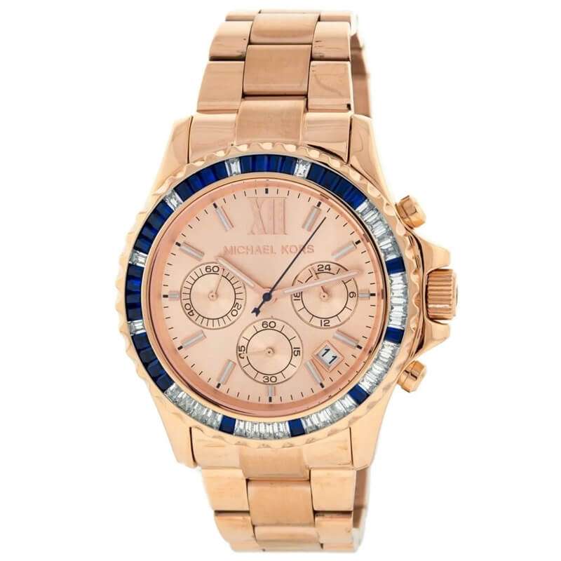 Michael Kors MK5755 Everest rose gold chronograph watch with blue and diamond bezel