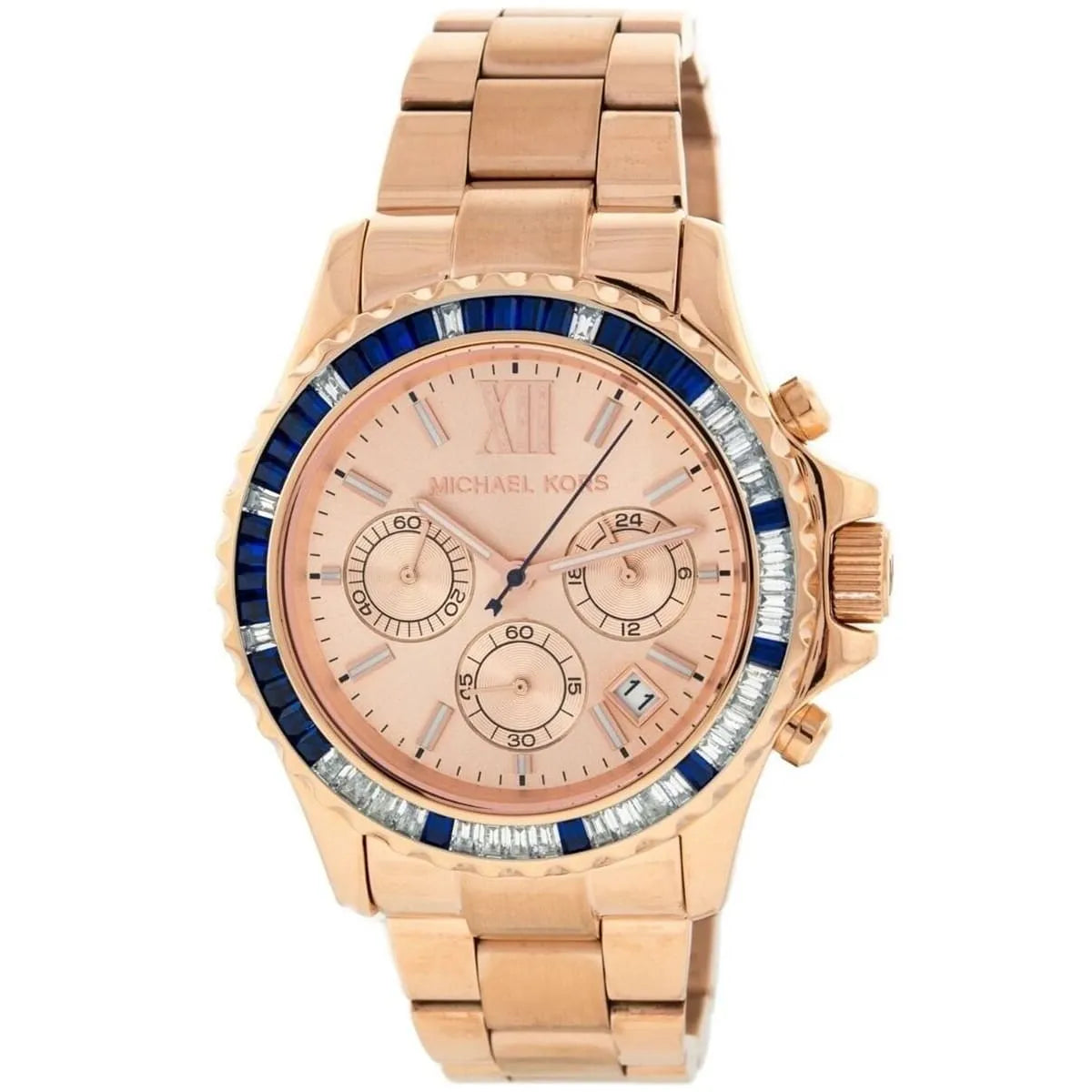 MK5755 Everest rose gold chronograph watch with subdials and blue bezel stones
