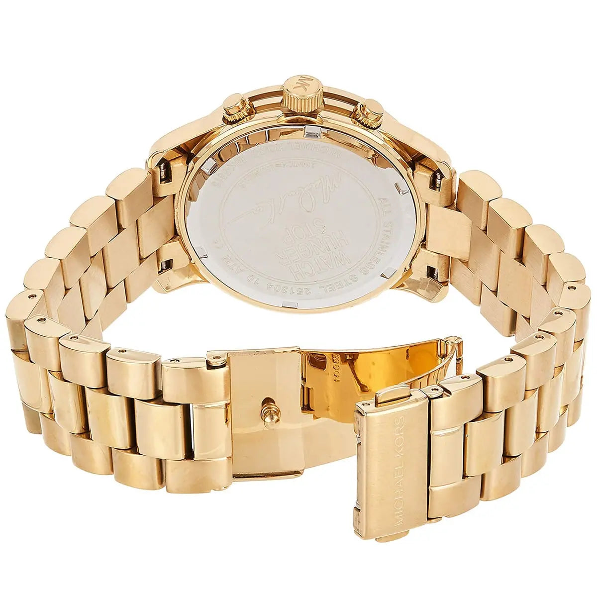 Gold-tone chronograph case back detail with stainless steel link bracelet