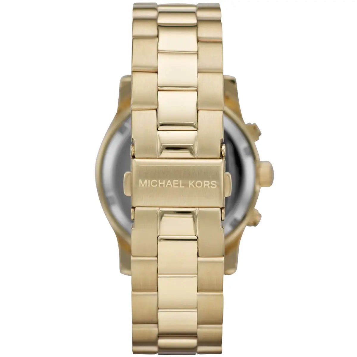 Watch case back showing Michael Kors branding and gold-tone stainless steel bracelet