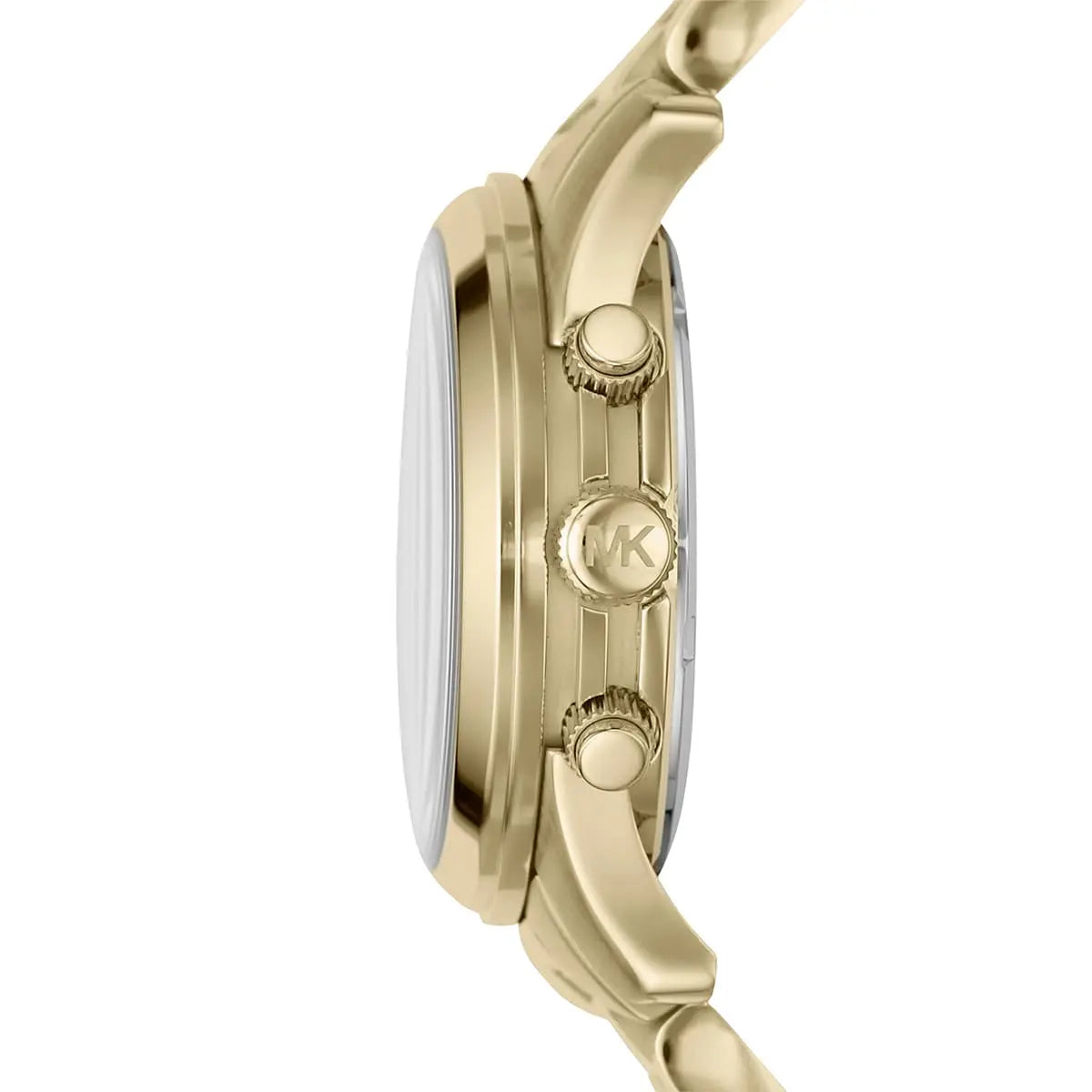 Side view of gold-tone chronograph case with pushers and crown detail