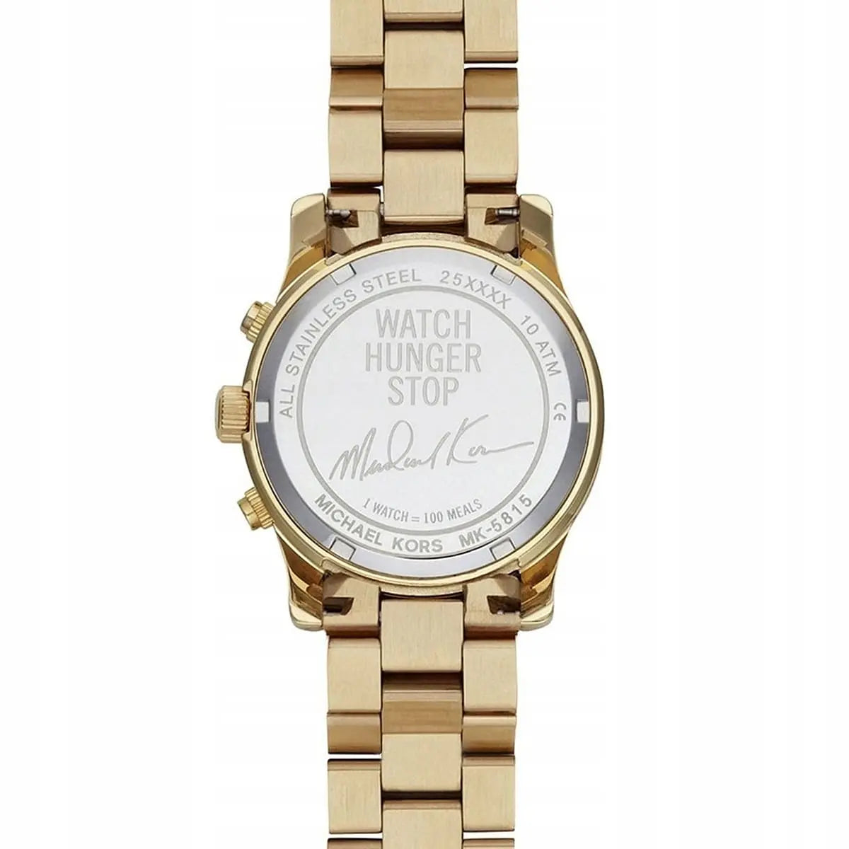 Watch Stop Hunger charity engraving on case back with Michael Kors signature