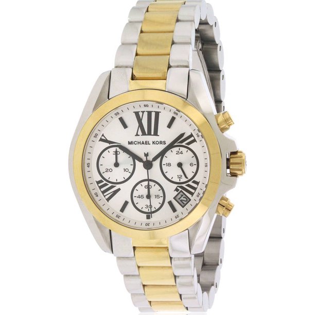 Michael Kors Bradshaw chronograph ladies watch with silver dial, Roman numerals, and two-tone bracelet