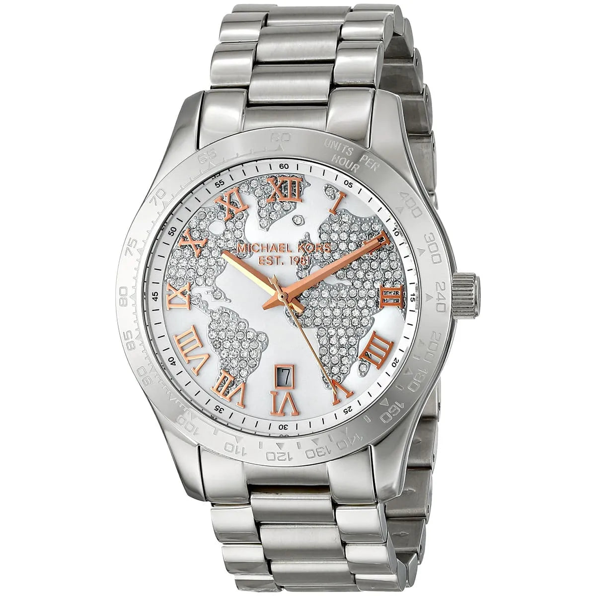 Michael Kors Layton watch three-quarter view showing dial detail with crystal embellishments and world map design