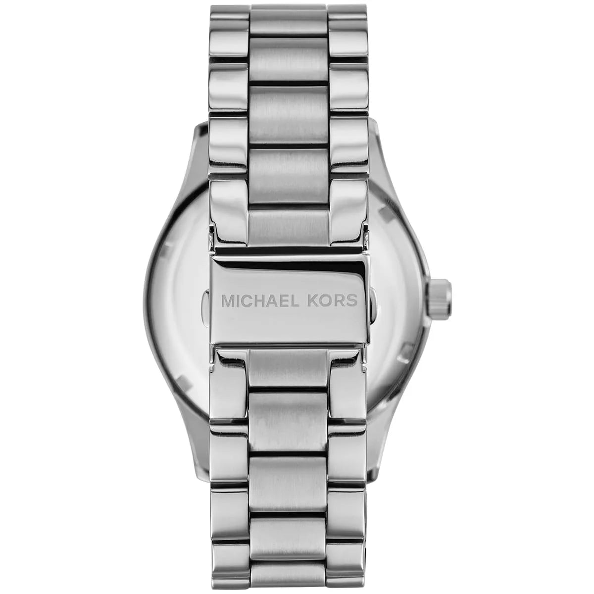 Michael Kors Layton watch caseback showing stainless steel back with Michael Kors branding