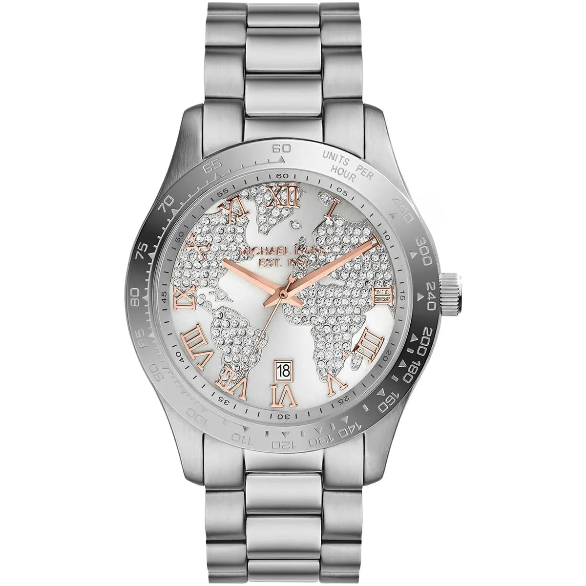 Michael Kors Layton women's watch with white crystal dial, globe map design, rose gold hands and hour markers, stainless steel band