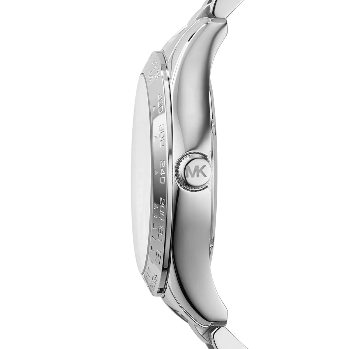 Michael Kors Layton watch side profile showing case profile, crown, and stainless steel band thickness