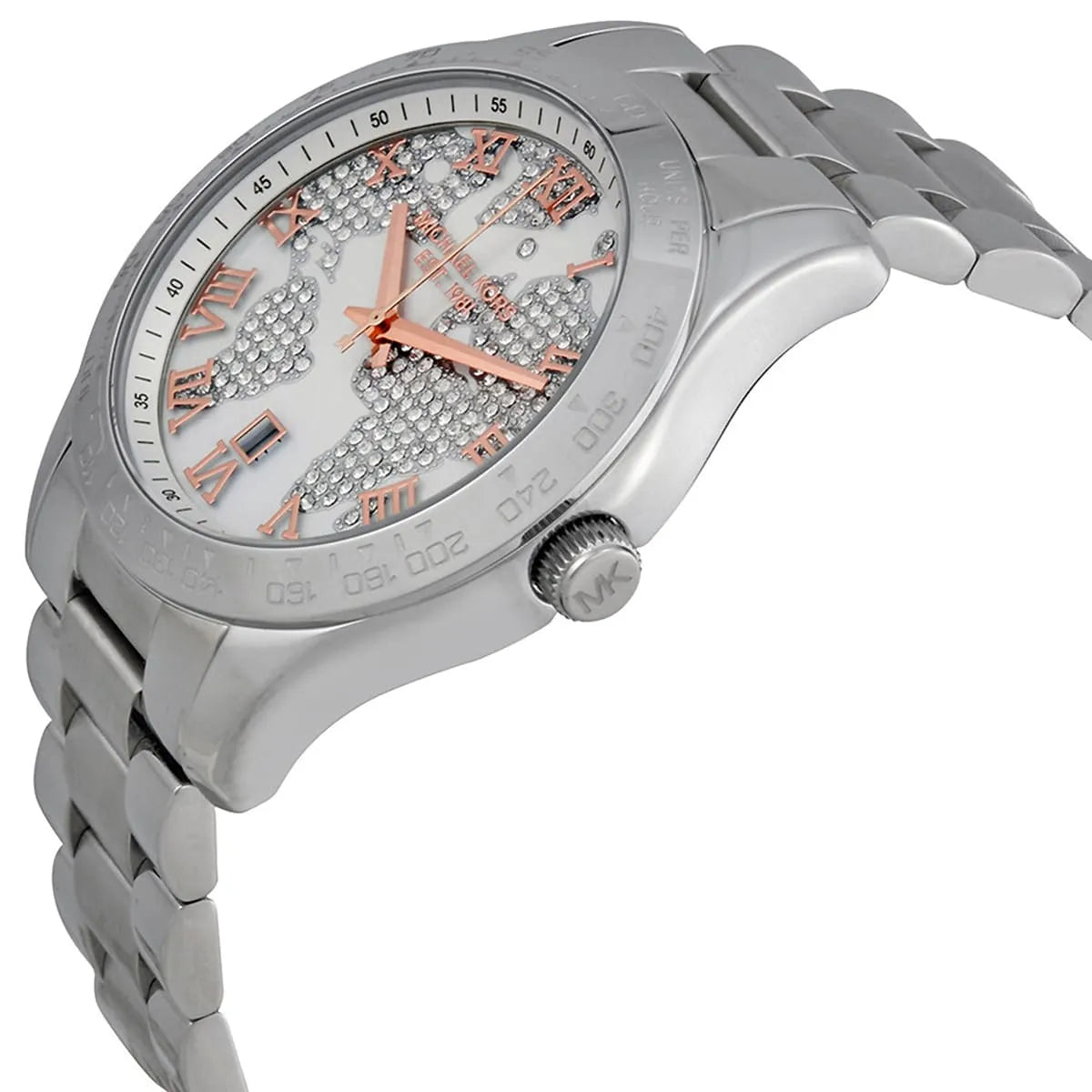 Michael Kors Layton women's watch worn on wrist, displaying white dial with crystal globe map and stainless steel bracelet
