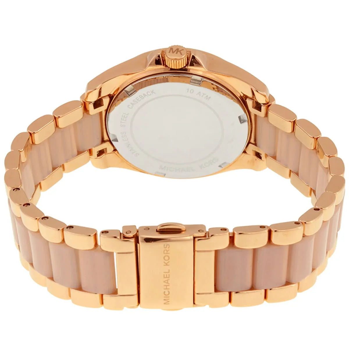 Michael Kors Mini Blair watch caseback view showing rose gold stainless steel and ceramic components