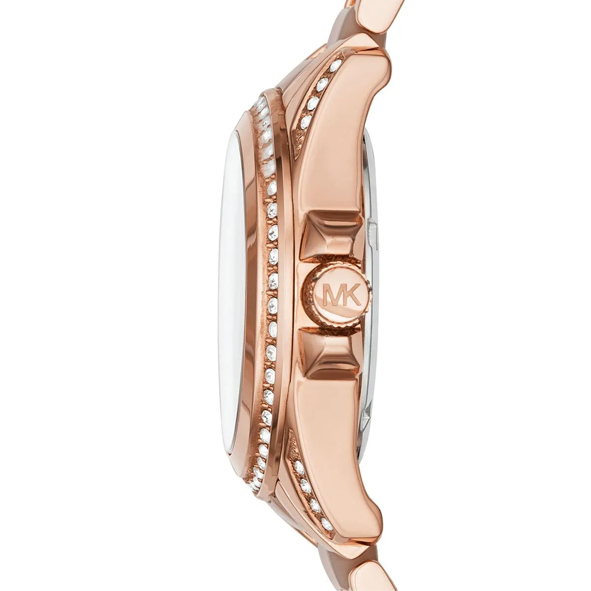 Side view of Michael Kors Mini Blair watch showing crystal-set bezel and watch profile