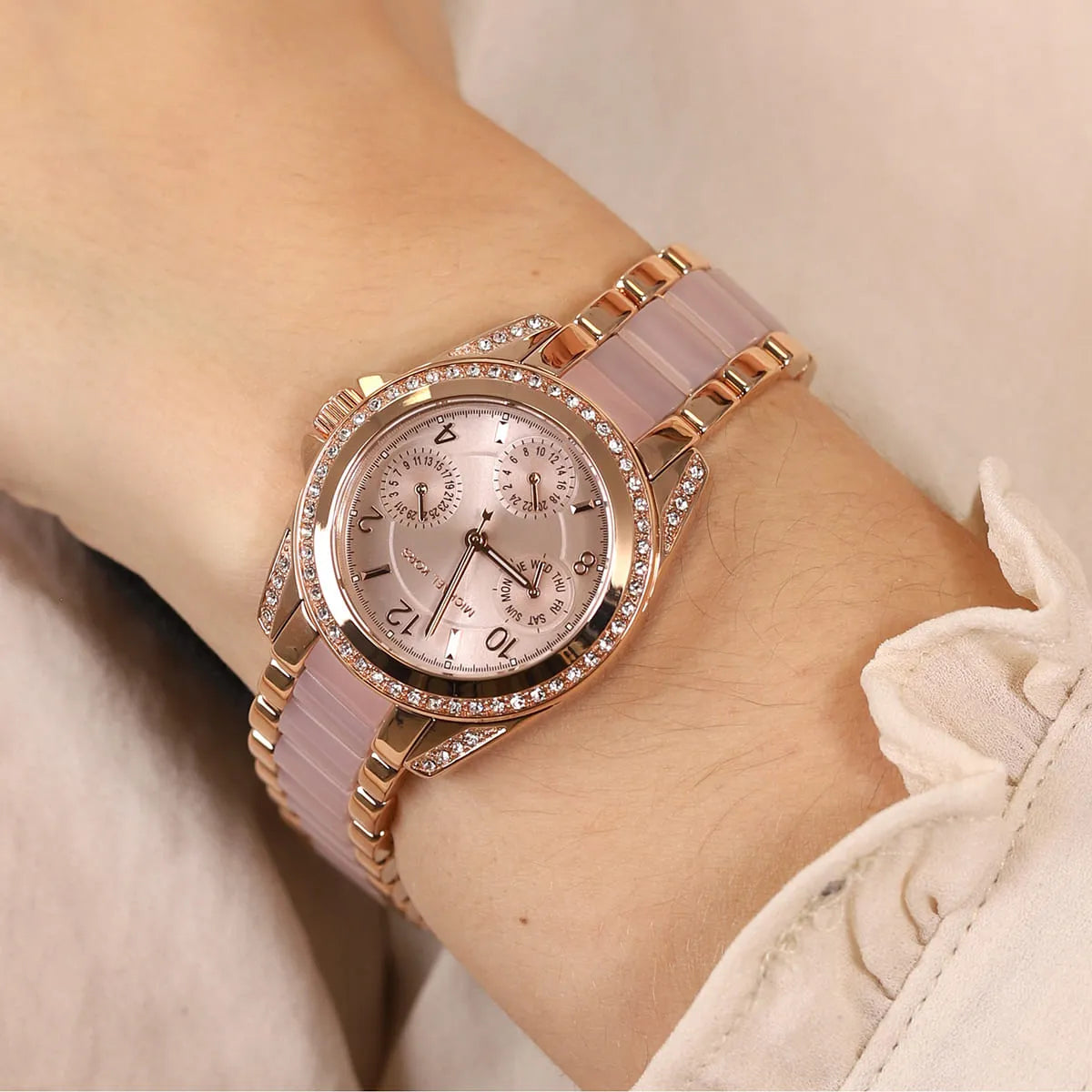 Michael Kors Mini Blair rose gold multifunction watch worn on wrist