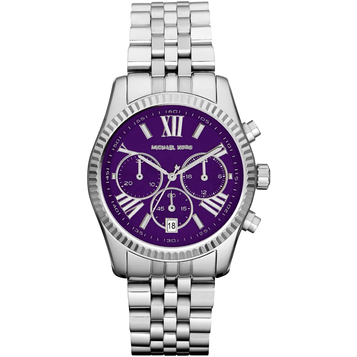 Michael Kors Lexington chronograph watch with purple dial and silver stainless steel bracelet