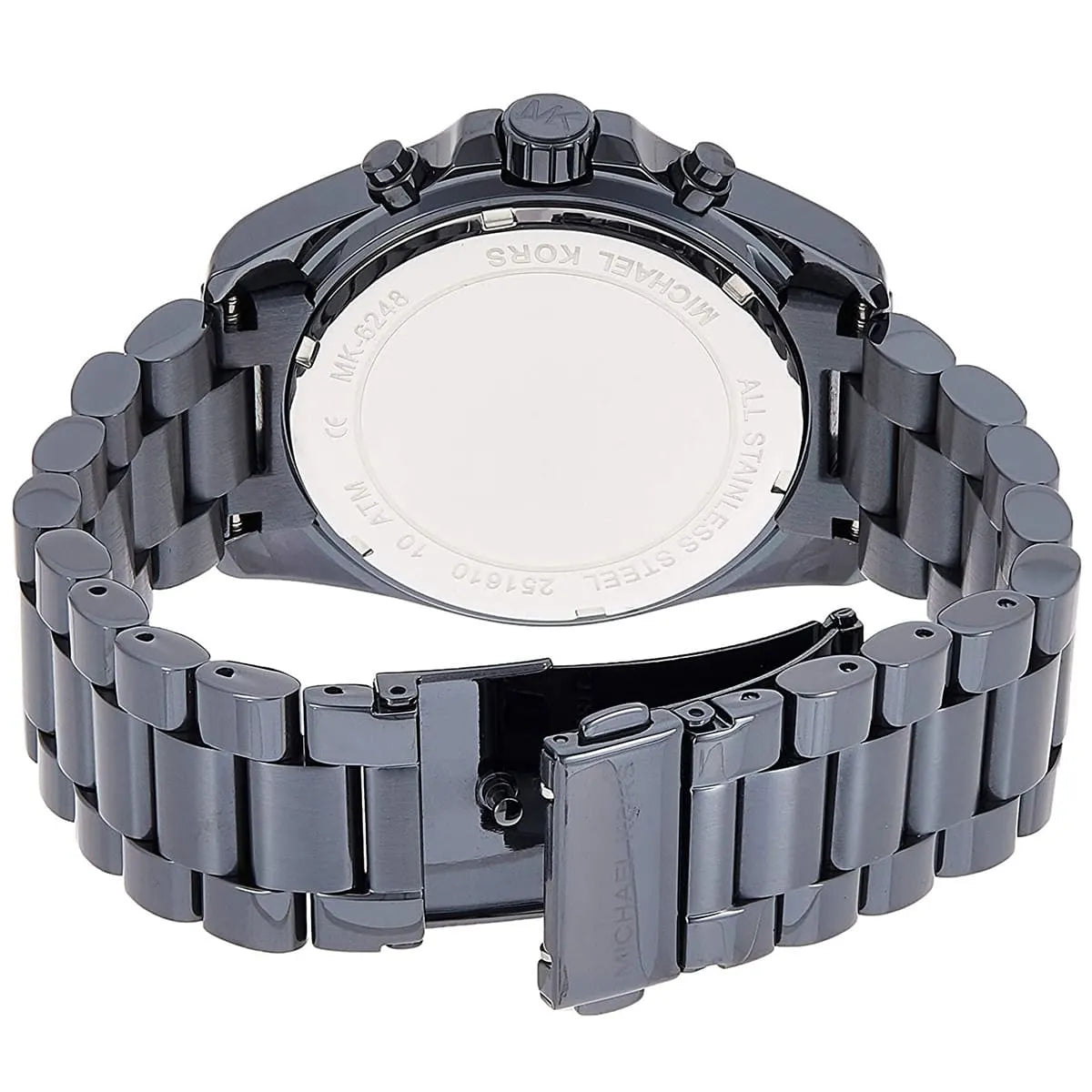 Michael Kors Bradshaw chronograph watch caseback with stainless steel bracelet