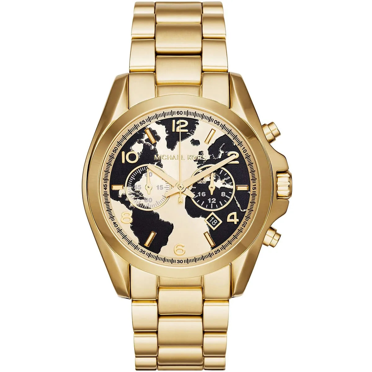 Michael Kors Bradshaw MK6272 gold-tone chronograph watch with black dial and matching metal bracelet