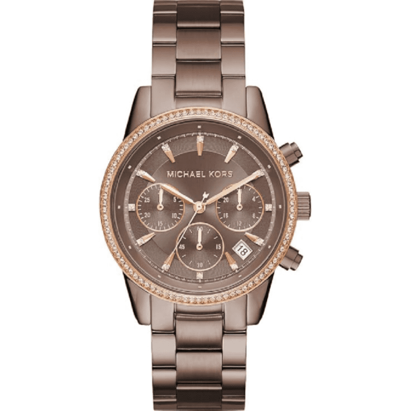 Michael Kors Ritz chronograph watch with brown dial, crystal bezel and stainless steel bracelet