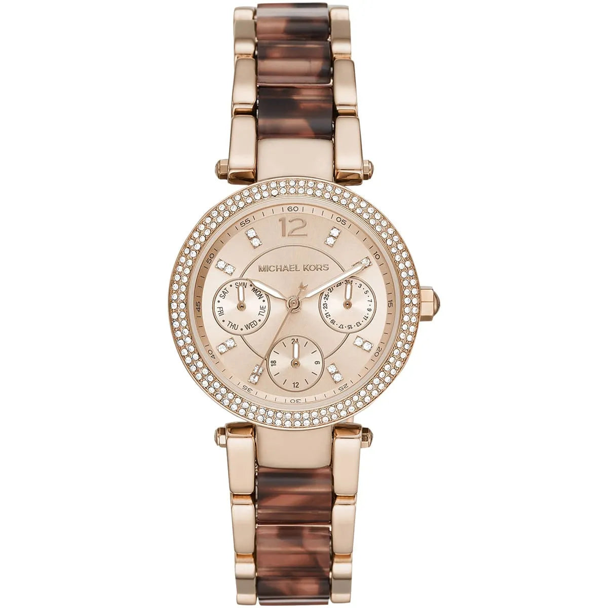 Michael Kors Parker rose gold women's watch with crystal bezel, multi-subdial dial, and tortoiseshell acetate strap