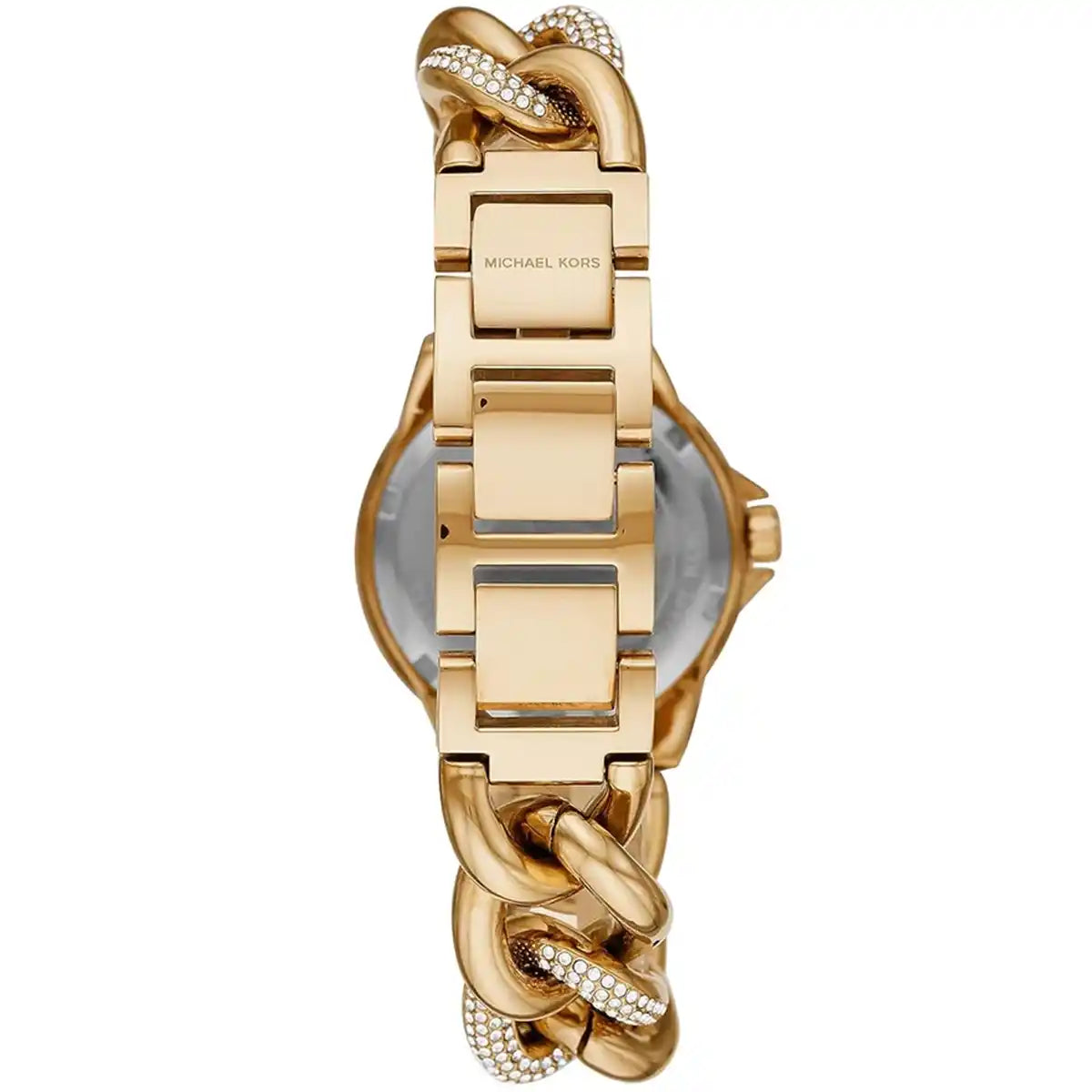 Back view of Michael Kors Mini Camille watch showing gold curb-link strap and case back