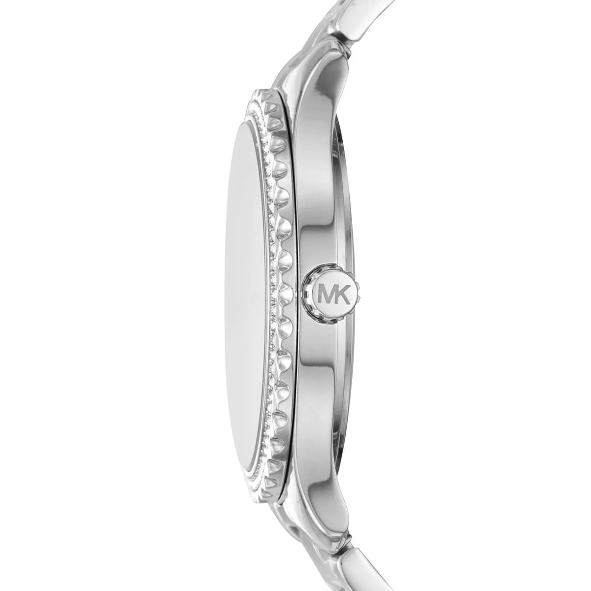 Michael Kors Layton watch profile view displaying crystal-adorned bezel and metal strap